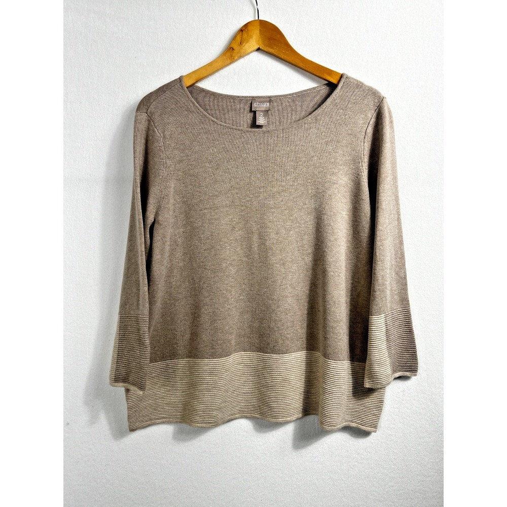 Chico's Sweater Womens 2 Brown Colorblock Ribbed Knit Pullover 570226996 Viscose